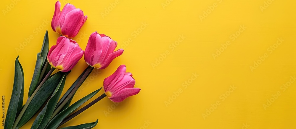 Poster pink tulips on a yellow backdrop with ample copy space image, embodying a minimalist flat lay style 