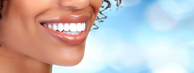 Obraz premium Close-up of a woman's bright white smile, showcasing healthy teeth and a joyful expression against a blurred blue background. Concept of dental care, beauty, and confidence. 