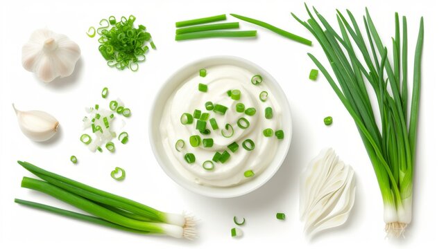 Sour cream with green onions, collection, on a white background - Powered by Adobe