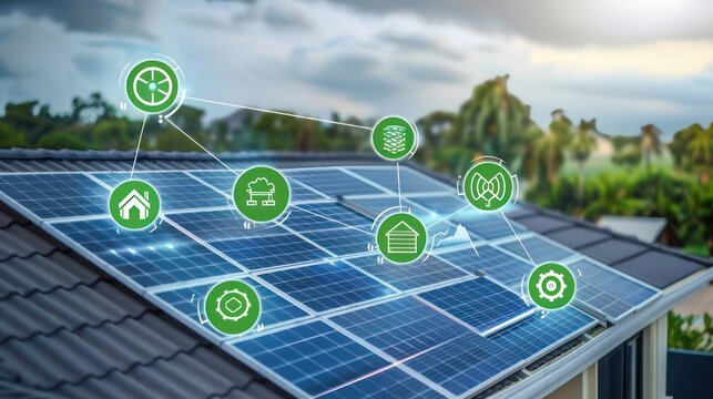 Solar panels on a rooftop with green technology symbols. - Powered by Adobe