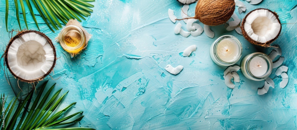 Poster top-down view of cosmetics made from coconut and coconut oil in a spa setting with available space f