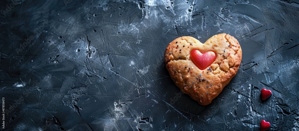 Poster heart-shaped cookie with a love message on a black table with ample space for text or images.