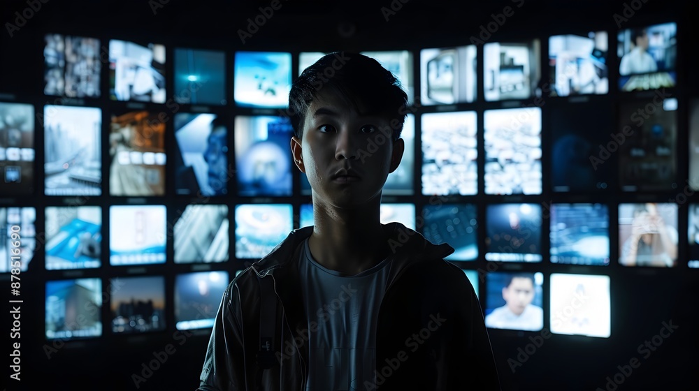 Poster man interacting with futuristic digital interface and screens
