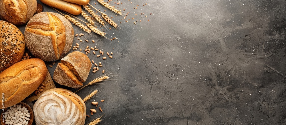 Poster Top view of various homemade natural breads as a background with ample copy space for adding text or images in the frame.