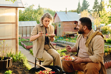 Naklejka premium Happy mature man with plate of vegetable stew looking at his wife eating cooked potatoes while both sitting by frying pan in the garden