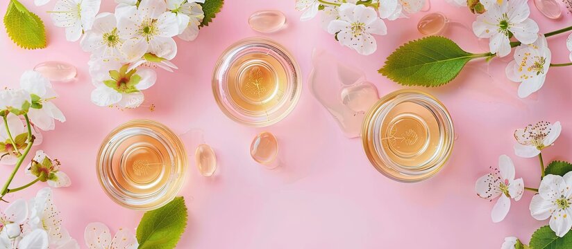 Top view copy space image of lotion bottles with archidea extract and petri dishes with flowers on pink background, promoting natural organic cosmetics for spa and store.