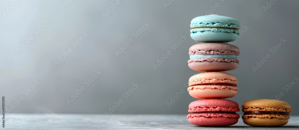 Poster macaroon or macaron biscuits arranged neatly on a grey backdrop with plenty of copy space image.