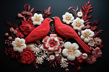Two Doves Embroidery on a Mesoamerican-Inspired Crimson Canvas.
