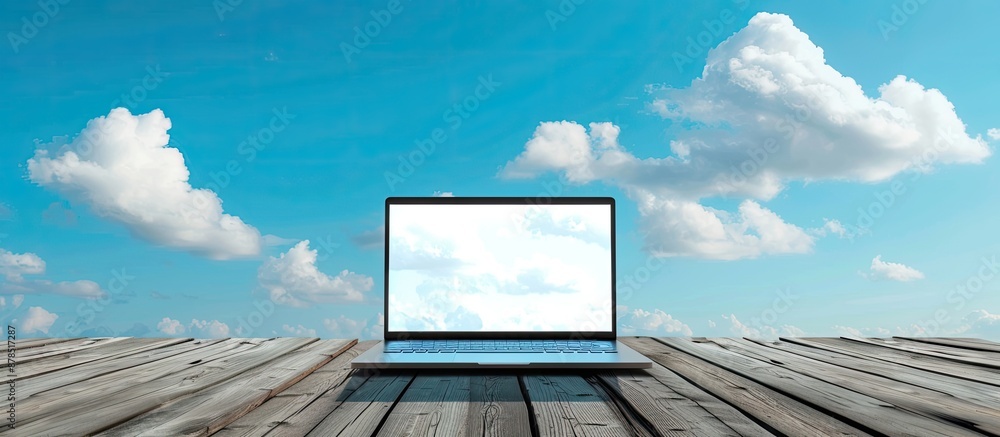 Poster laptop computer on wooden floor with sky background and white screen, perfect for adding copy space 