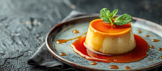 Modern background enhances presentation of caramel custard pudding on plate with ample copy space image.