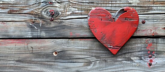 Rustic wood backdrop featuring a red wooden heart with copy space image.