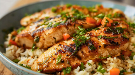 A close-up of freshly baked or fried chicken breasts, meat served with cooked white rice and green vegetables on top as decoration in a bowl, a healthy protein meal, a post-workout dish, food, lunch