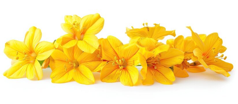 Yellow Ratchaphruek flowers isolated on a white background in font view with ample copy space image.