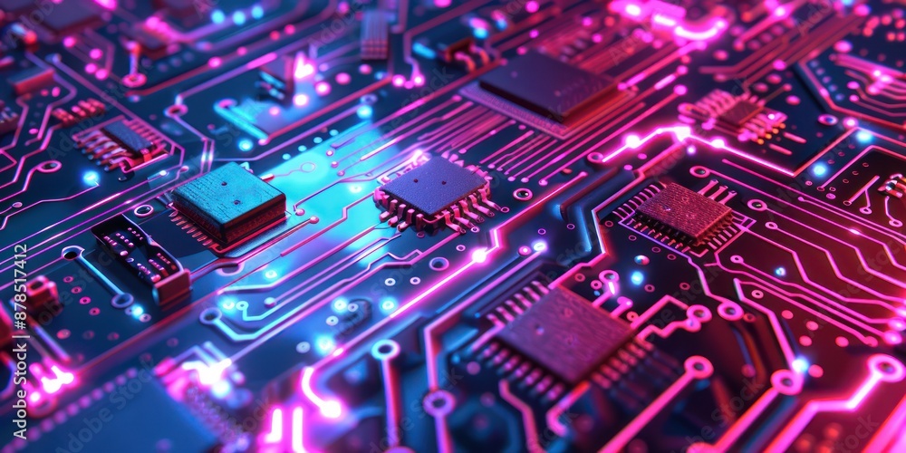 Poster digital circuit board pattern with neon highlights.