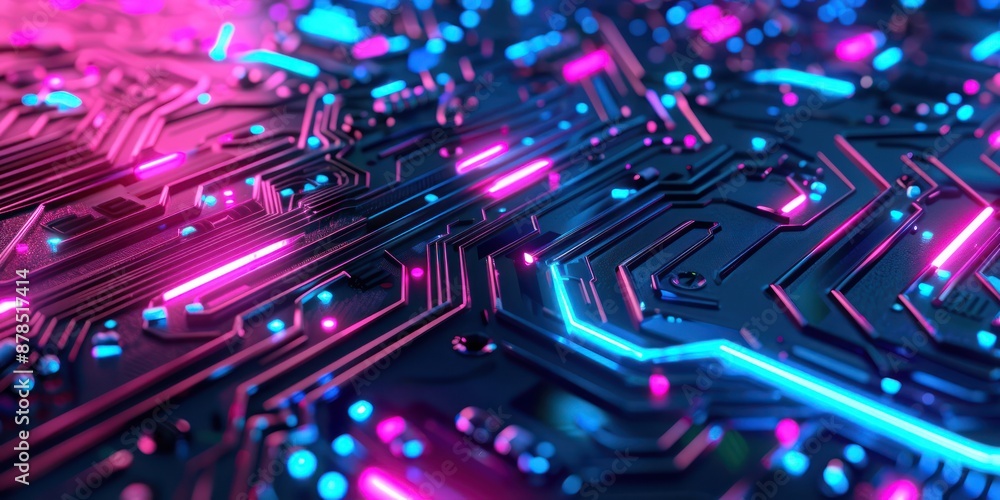 Poster digital circuit board pattern with neon highlights.