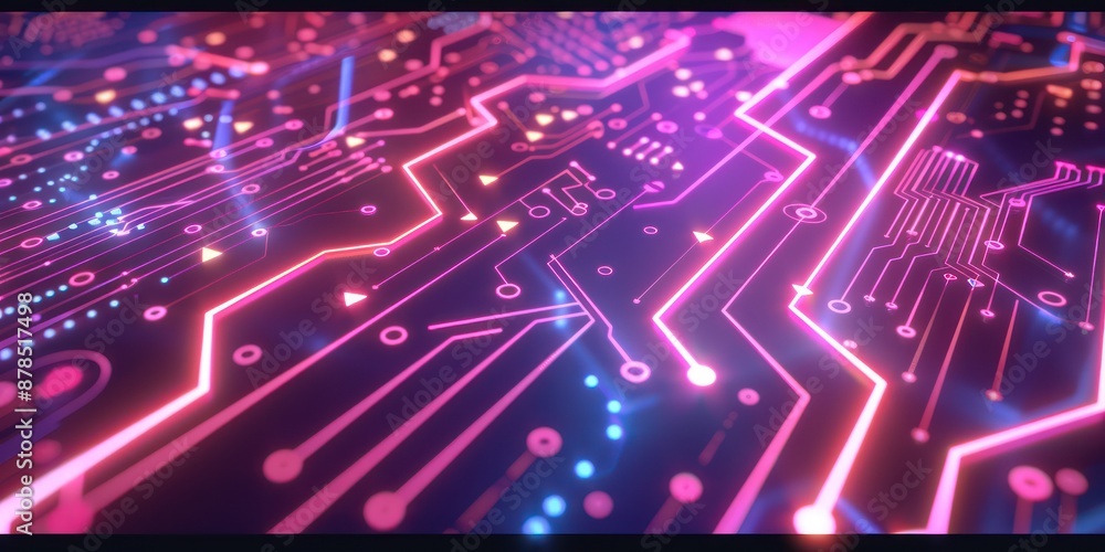 Poster digital circuit board pattern with neon highlights.