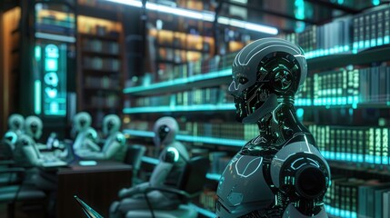 Futuristic courtroom with a robotic lawyer, mixed jury, and holographic evidence displays, set against a high-tech legal library. AI justice