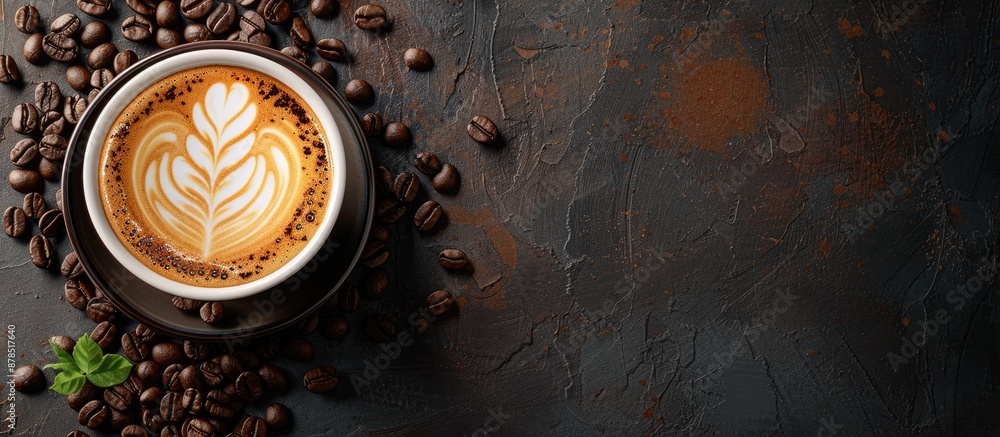 Poster latte with coffee beans garnished on top, creating a delightful scene in a copy space image.