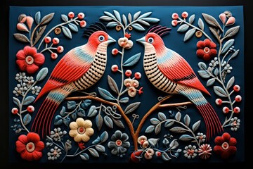 Fototapeta premium Two Doves Embroidery on a Mesoamerican-Inspired Crimson Canvas.