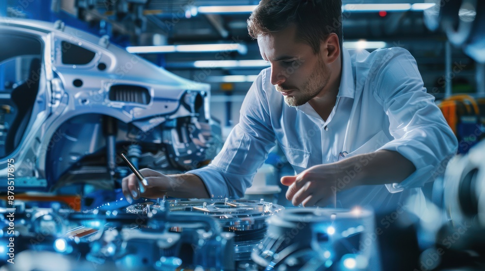 Poster engineer testing car technology in a high-tech lab.