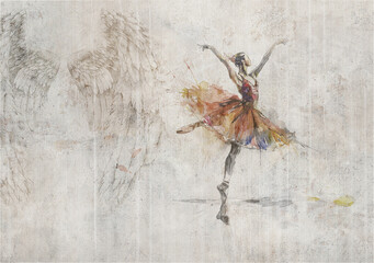 Ballerina. Wall with wings in the background. Illustration for wallpaper, poster, decoration.
