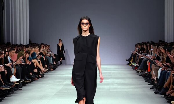 Model walking down the runway during a fashion show, wearing sunglasses and black attire

