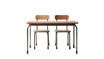 School desk and chairs isolated on white, transparent, classroom furniture for students 