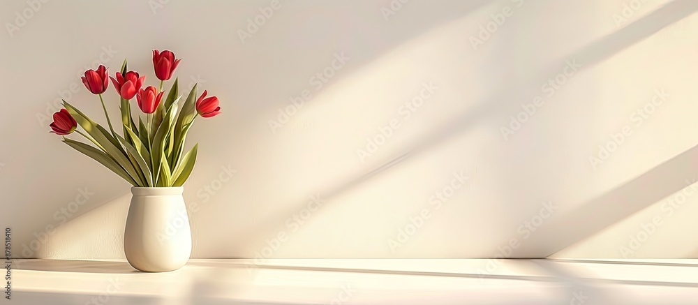 Poster tulip bouquet displayed on a table against a light wall in a room with empty space for text or desig