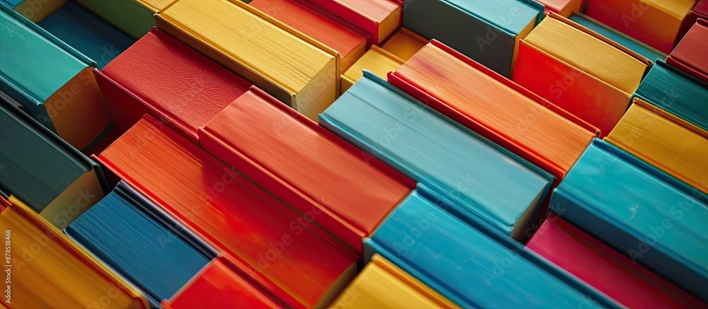 Poster top view of a variety of multicolored books with a close-up perspective, creating a copy space image