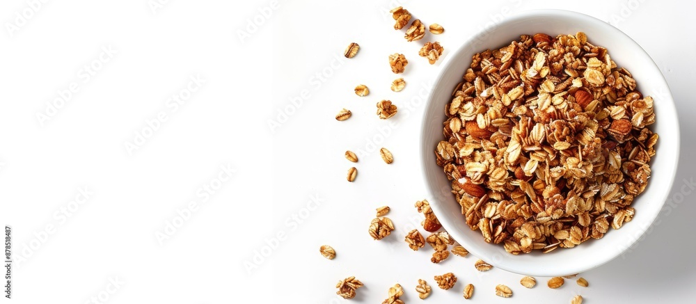 Poster granola cereal with nuts on a white background with copy space image.