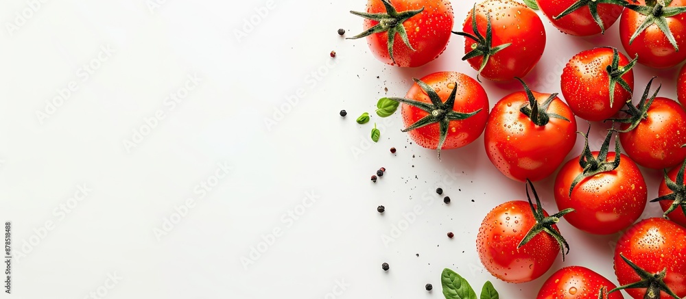 Poster top view of fresh tomatoes with copy space image on white background.