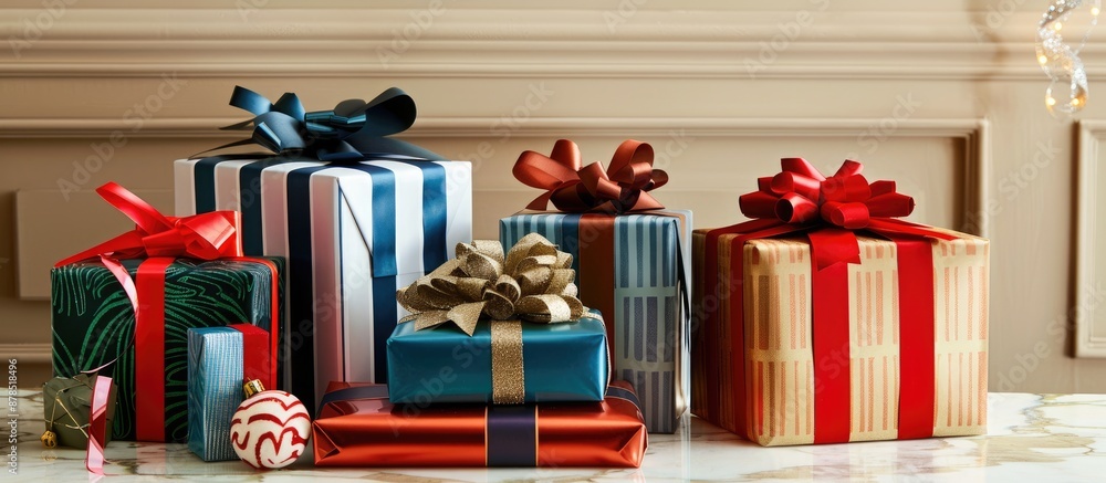 Poster Various festive gifts displayed on a table, adorned with vivid wrapping paper and bows, with available space for text in the image. image with copy space
