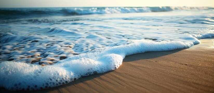 Soft ocean waves gently washing up on a sandy beach with foam, providing a tranquil background with copy space image. - Powered by Adobe