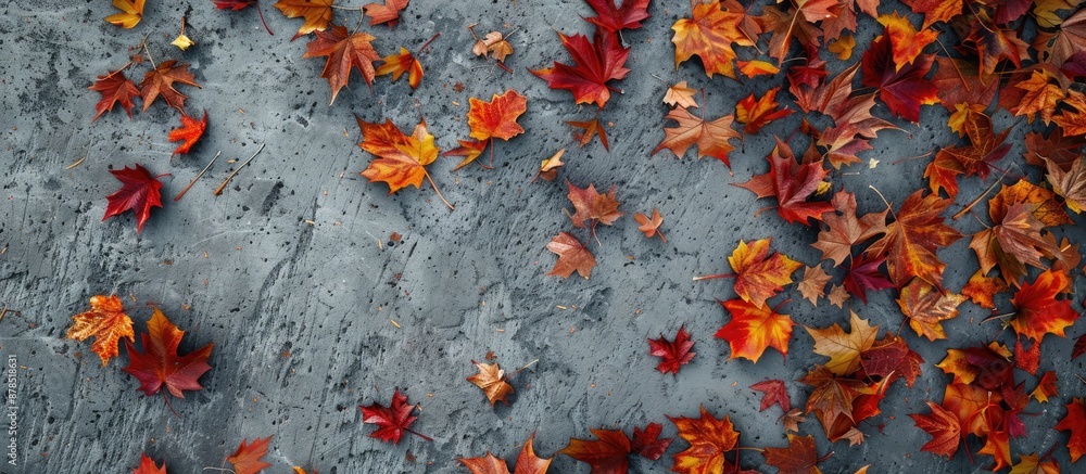 Poster seasonal background with autumn maple leaves scattered on an ancient textured surface, creating a pi