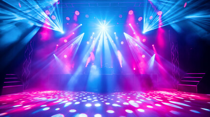 Vibrant concert stage with dazzling lights and colorful beams, energizing the night at a live performance