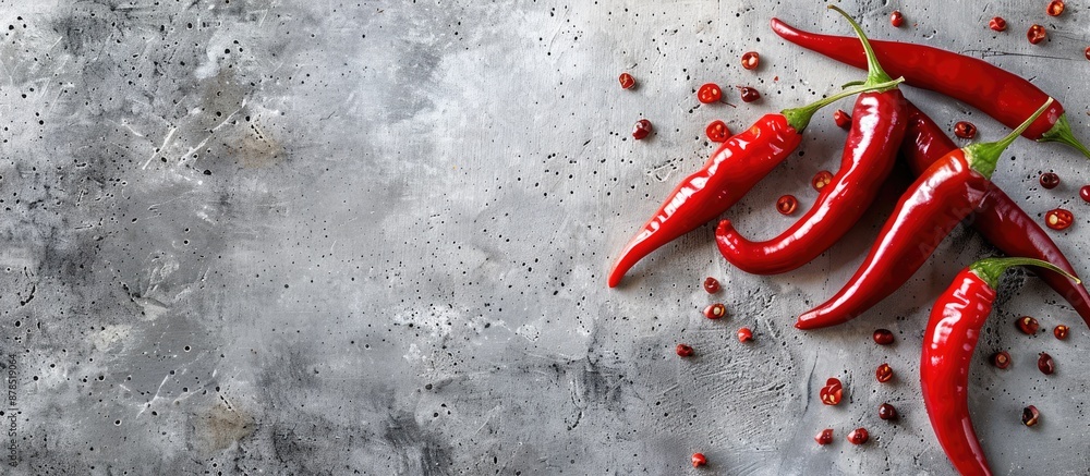 Poster top view of red chili peppers on a grey concrete surface with a designated area for additional text 