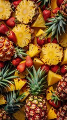 Vibrant and colorful arrangement of freshly cut pineapple and juicy strawberries is laying on a table, creating a delicious and tropical pattern