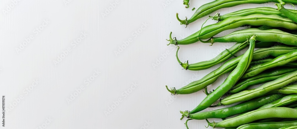Poster green beans arranged neatly on a white backdrop, with a space for text or graphics included in the i