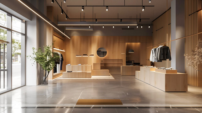 Modern minimalist clothing store design, blending natural wood aesthetics with urban chic