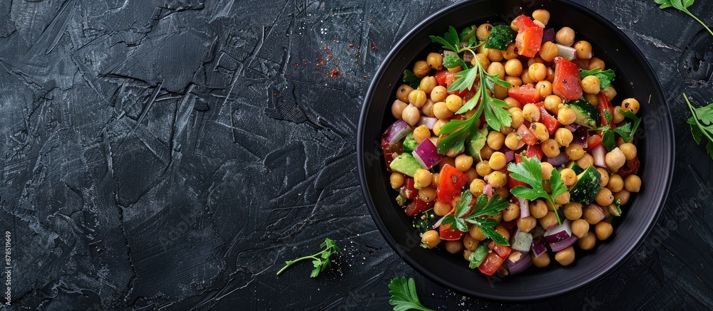 Aufkleber scrumptious chickpea salad on black table with copy space image for text, shot from above.
