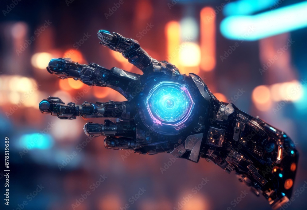Poster neon a hand robotic humanoid cyber finger background arm mechanical banner space holographic copy il