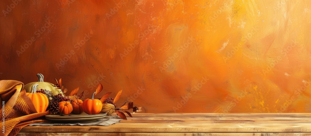 Poster thanksgiving ambiance with an orange wall background on an empty wooden table set with a place mat a