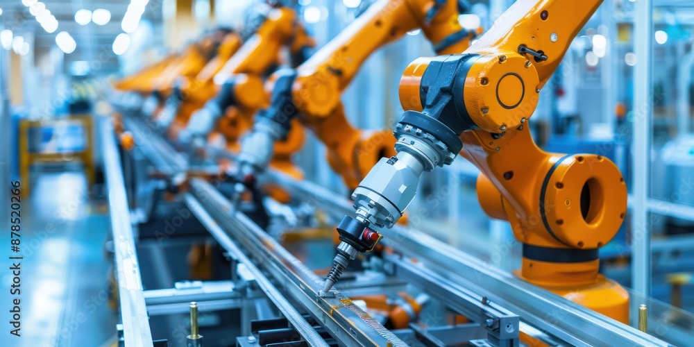 Poster automated robotic arms working in a high-tech manufacturing plant.