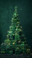 Christmas tree made of green presents is standing on a dark background with falling snow. The image is lit with warm lights and has a magical feel