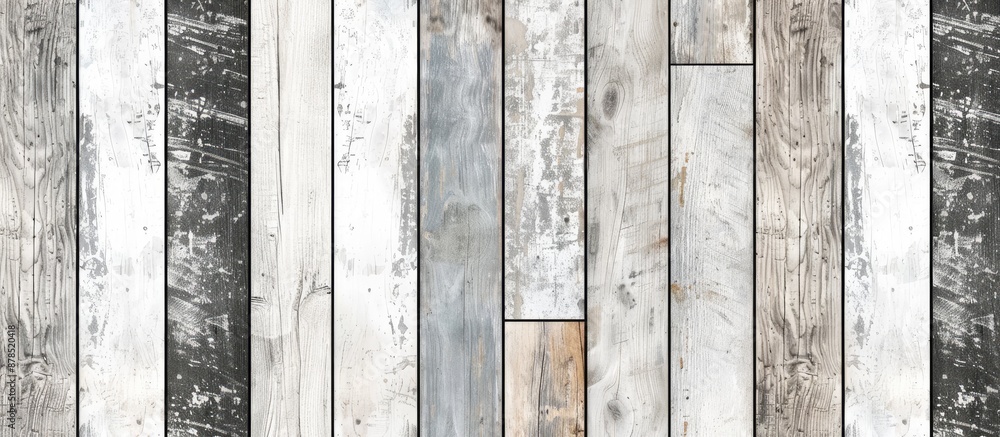 Poster realistic wood wallpaper with white and gray stripes pattern. grungy overlay adds random lines creat