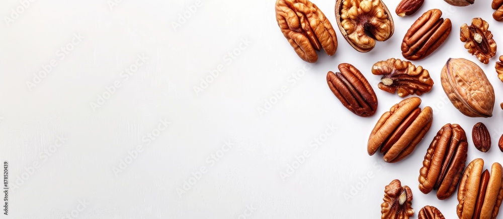 Poster pecan nut and various nuts isolated on white background with copy space image.