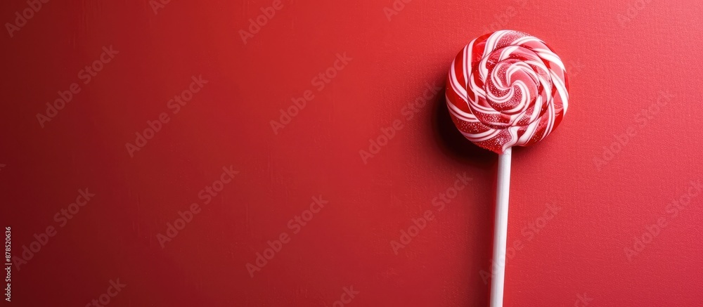 Poster red and white lollipop on a white stem against a red backdrop. top angle view with ample copy space 