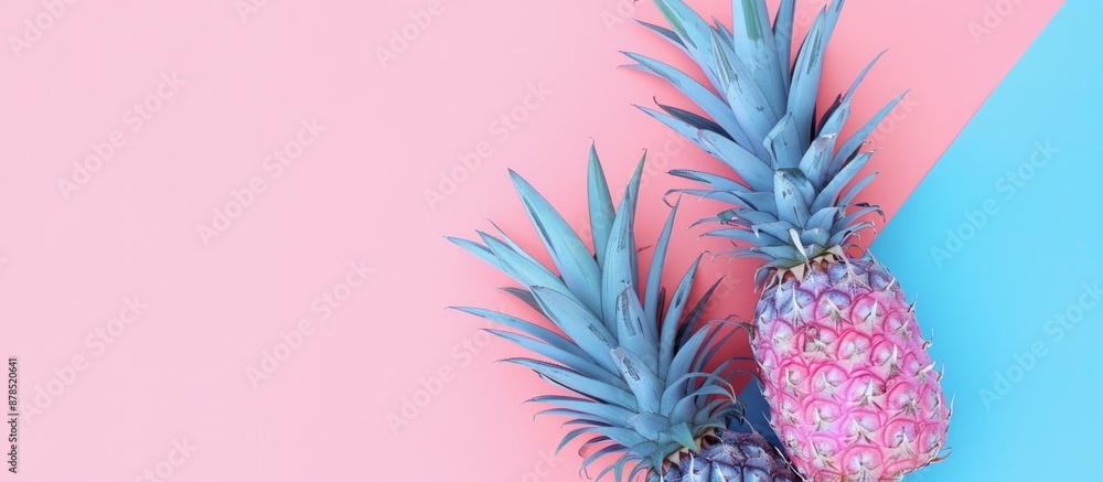 Poster top view flat lay banner on a pink and blue pineapple-themed background with space for an additional