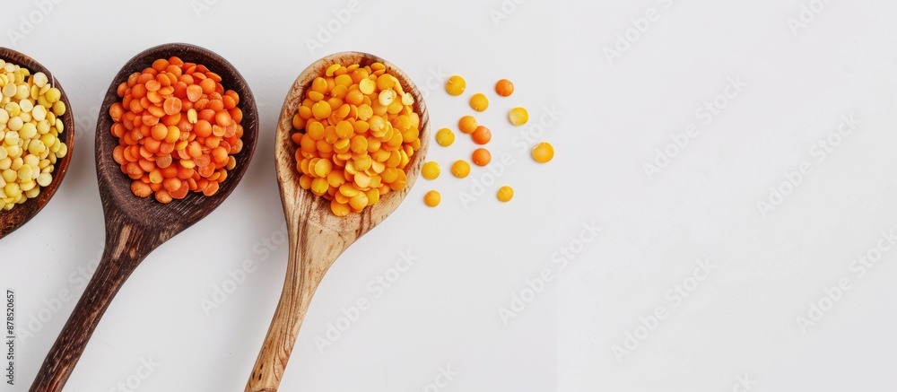 Aufkleber overhead view of yellow and red lentils in wooden spoons on a white background with room for text. i