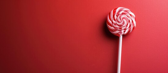 Red and white lollipop on a white stem against a red backdrop. Top angle view with ample copy space image.